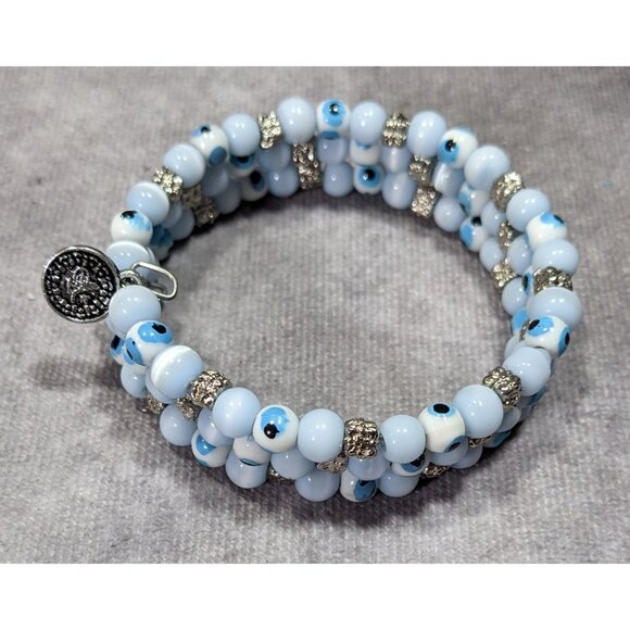 Bohemian Evil Eye Light Blue Glass And Silver Tone Beaded Coil Bracelet - Picture 4 of 6